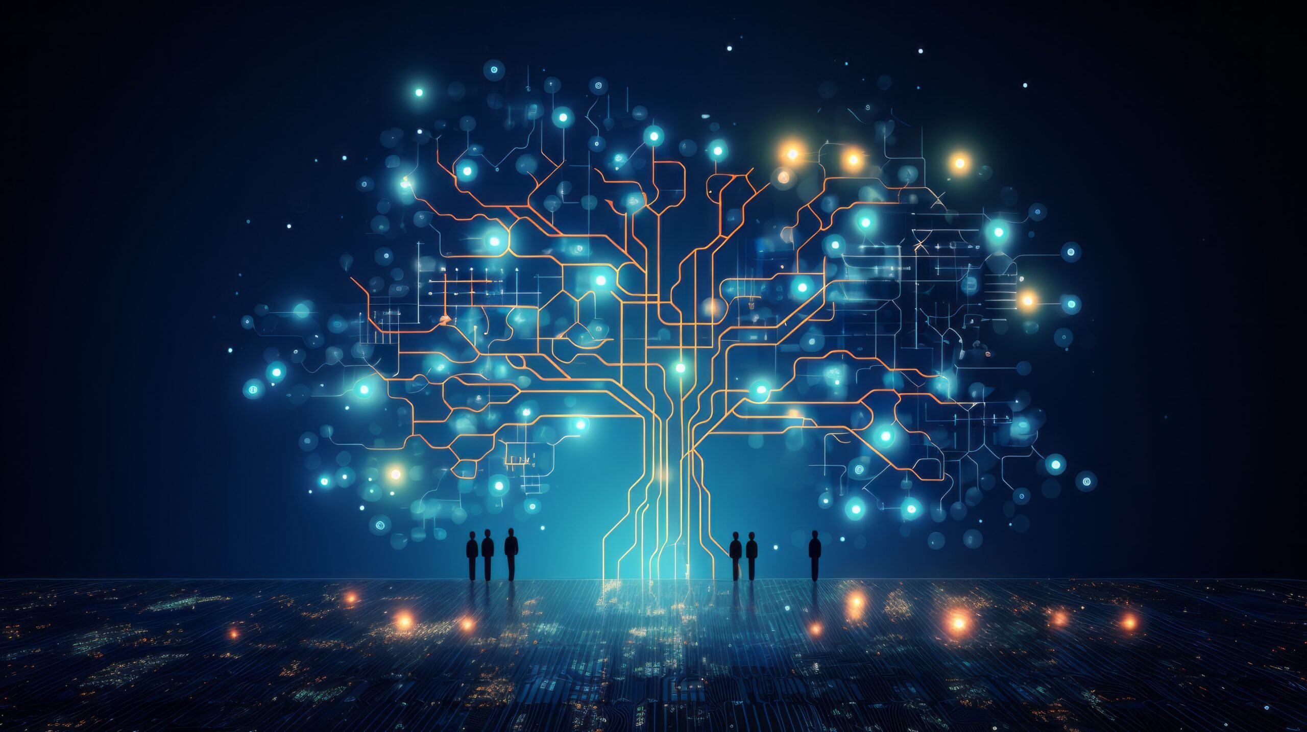 Abstract illustration showing probate and estate administration evolving through digital technology, with interconnected data, documents, and genealogy elements.